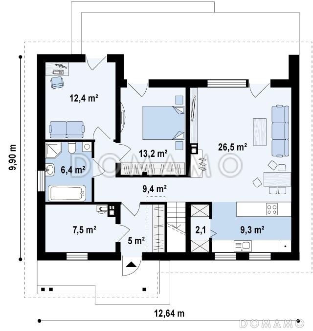 Проект одноэтажного мансардного дома из газобетона с кабинетом, гостевой спальней и хозяйственным помещением на первом этаже / План 1 этажа
