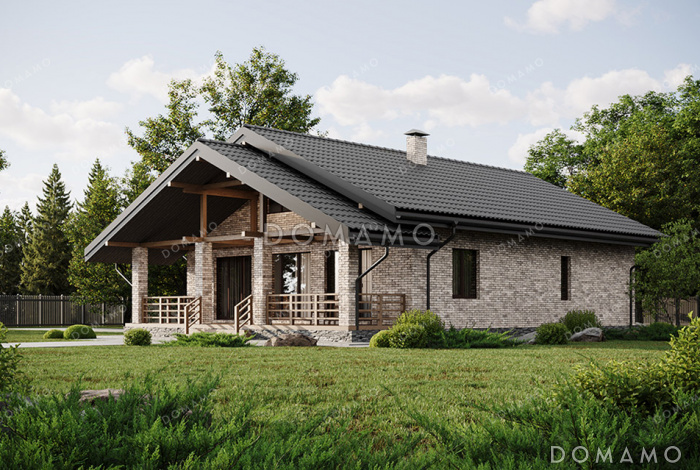 Проект выразительного одноэтажного дома с двухскатной крышей в разных уровнях, большой террасой и вторым светом