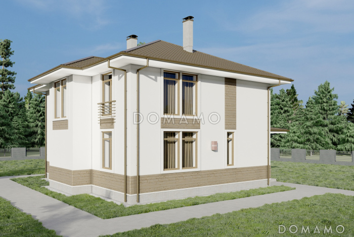 Проект двухэтажного дома с камином в гостиной и тремя спальнями