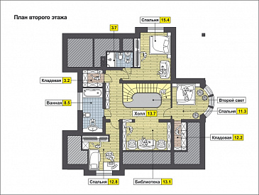 Проект дома с полукруглым эркером, двумя спальнями на первом этаже, вторым светом, ванной с окном, библиотекой / План мансардного этажа