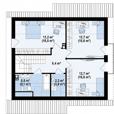 Проект классического мансардного дома из кирпича с кабинетом и большим техническим помещением / План мансардного этажа