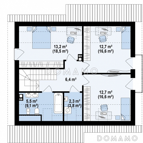 Проект классического мансардного дома из кирпича с кабинетом и большим техническим помещением / План мансардного этажа