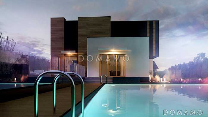 Проект двухэтажного дома с гаражом на две машины и кладовой, просторной дневной зоной, спальней на первом этаже