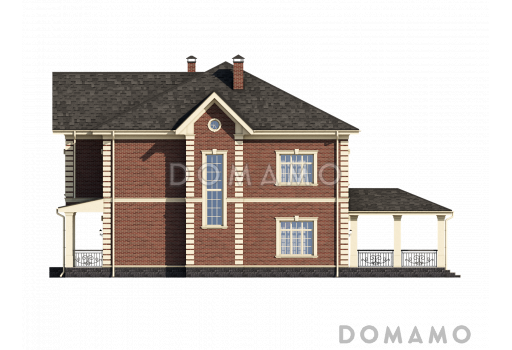 Проект загородного дома с террасами, кабинетом винтовой лестницей на мансарду, большой хозяйской спальней / Фасад 2