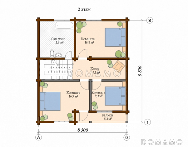 Проект дома из клееного бруса с просторной гэобразной крытой террасой / План мансардного этажа