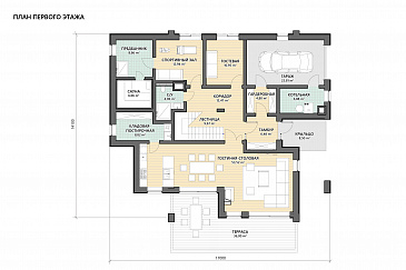 Проект кирпичного дома барнхаус с 3 спальнями на мансарде, сауной и тренажерным залом / План 1 этажа
