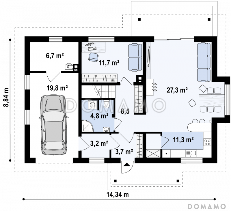 Проект мансардного дома из кирпича с прямоугольным эркером и со встроенным гаражом / План 1 этажа