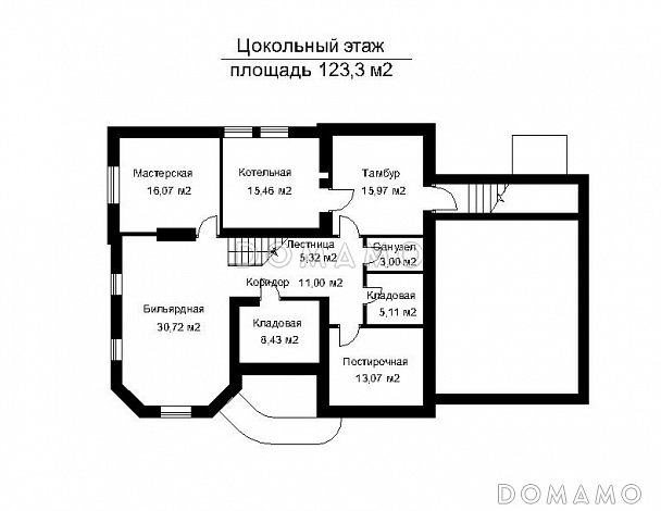 Проект дома с наружными и внутренними лестницами  / План цокольного этажа