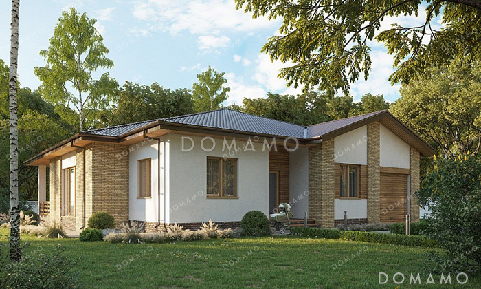 Проект одноэтажного дома с большой террасой и гаражом