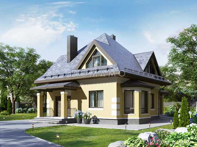 Проект дома с эркером в кухне, террасой, гостевой комнатой на первом этаже