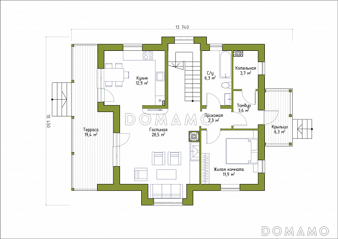 Проект коттеджа шале / План 1 этажа
