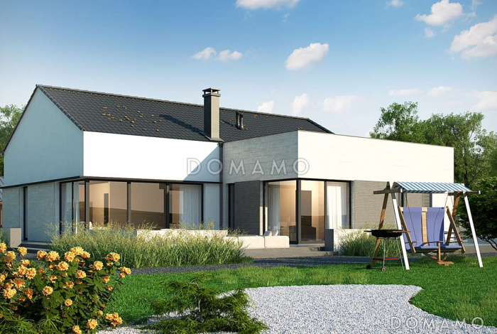 Проект комфортного одноэтажного дома из газобетона с гаражом и панорамным остеклением гостиной