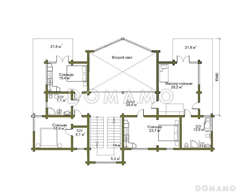 Проект двухэтажного дома из клеенного бруса со вторым светом и двумя балконами / План 2 этажа