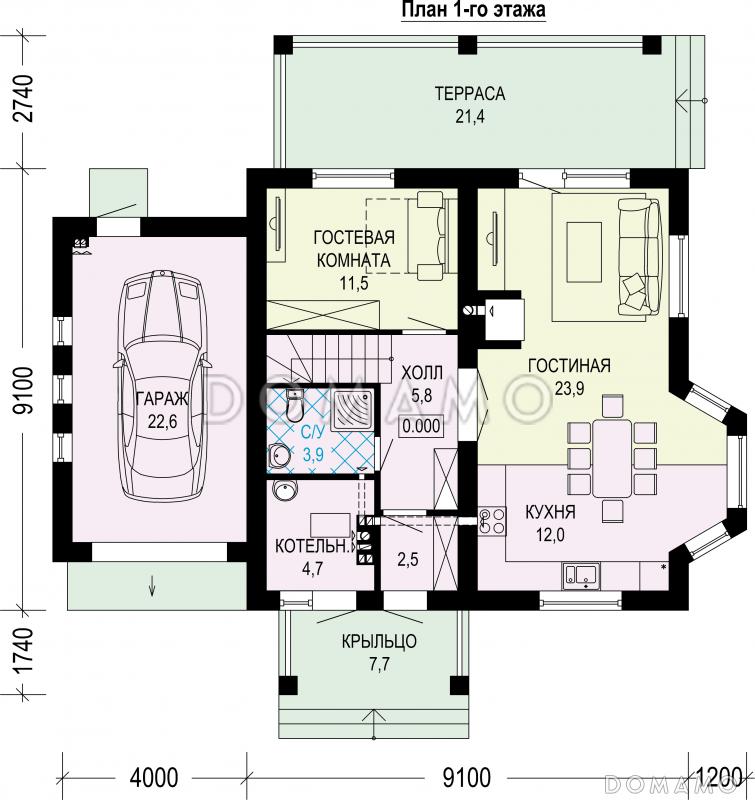 Проект одноэтажного газобетонного дома с мансардой, гаражом и террасой / План 1 этажа