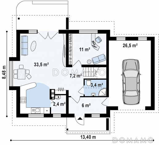 Проект одноэтажного дома из газобетона с жилым мансардным этажом и гаражом  / План 1 этажа
