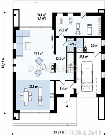 Проект современного двухэтажного дома из газобетона с тремя спальнями, спортзалом и гаражом / План 1 этажа