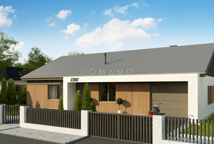 Проект одноэтажного дома с гаражом на одну машину, кладовой на кухне, хозяйской спальней, просторной гостиной с выходом на террасу