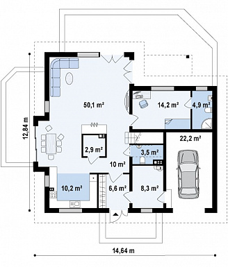 Проект просторного одноэтажного мансардного коттеджа из газобетона с гостевой спальней на первом этаже, кабинетом и гаражом / План 1 этажа