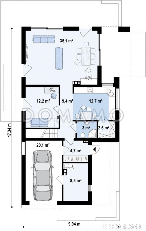 Проект современного двухэтажного дома из кирпича в стиле модерн, с террасой на втором уровне и встроенным гаражом / План 1 этажа