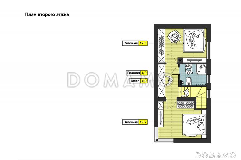 Проект дома с  крытой террасой, дровником, гостиной с камином, парной, двумя спальнями на мансардном этаже / План мансардного этажа
