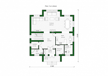 Проект дома с 4 спальнями на мансарде, кабинетом, изолированной кухней и просторной гостиной-столовой / План 1 этажа