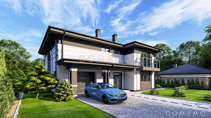 Проект двухэтажного дома с гаражом, большой крытой террасой, просторной хозяйской спальней с балконом