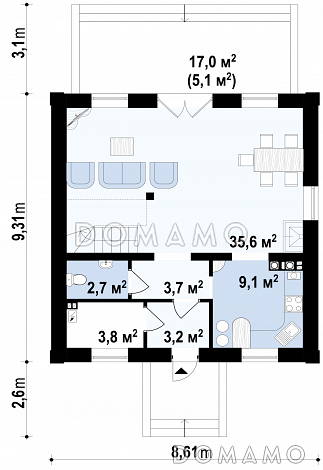 Проект загородного дома с просторной гостиной, балконом, террасой, изолированной кухней / План 1 этажа