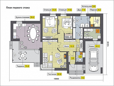 Проект одноэтажного дома с навесом для автомобиля, парной и душевой, двумя спальнями / План 1 этажа