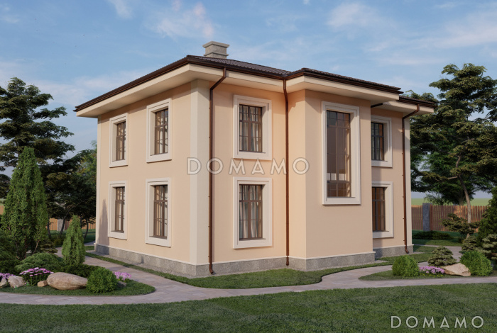 Проект двухэтажного дома с камином в гостиной и тремя спальнями