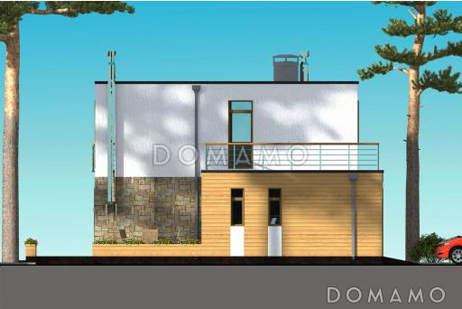 Проект дома с просторной открытой террасой, гаражом, спальнями и большим балконом-террасой на втором этаже / Фасад 4