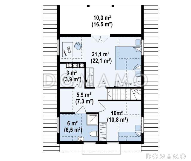 Проект компактного одноэтажного мансардного дома из кирпича с барбекю на крытой террасе / План мансардного этажа