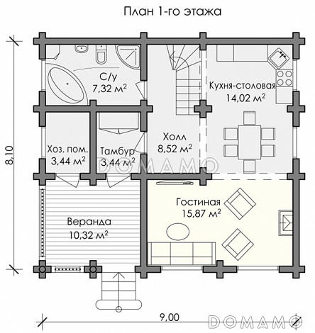 Проект дома из бревна с тремя просторными спальнями / План 1 этажа