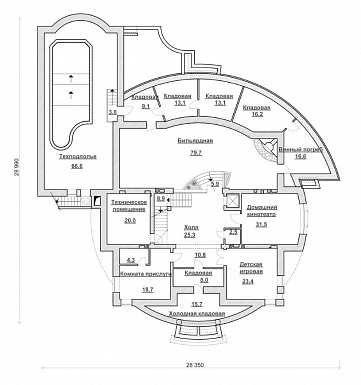 Проект коттеджа с бассейном и стеклянным куполом / План цокольного этажа