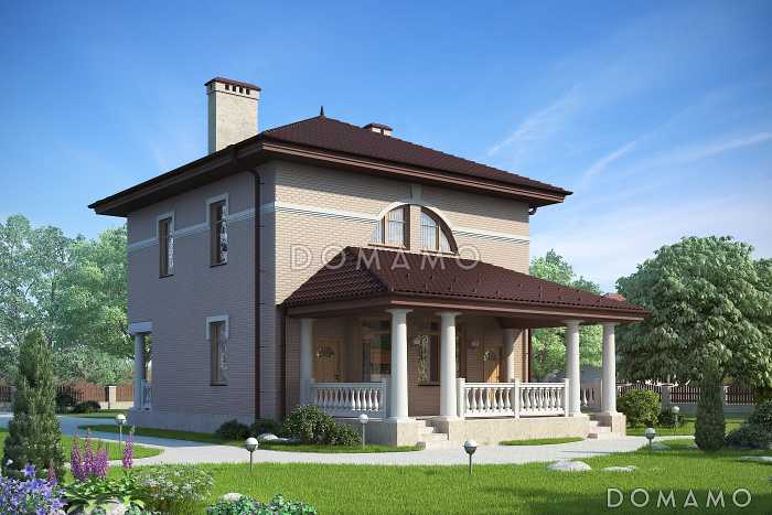 Проект дома с крытой террасой, колоннами, кухней-столовой с полукруглой стеной на террасу, эркером, спальнями и кабинетом на втором этаже