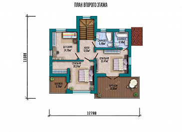 Проект двухэтажного дома с террасой и тремя спальнями / План 2 этажа