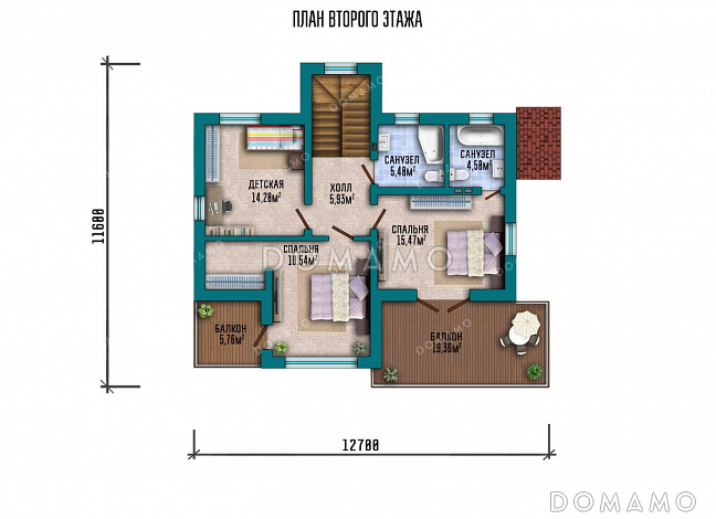 Проект двухэтажного дома с террасой и тремя спальнями / План 2 этажа