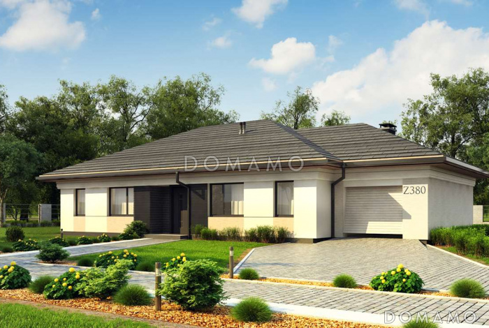 Проект комфортного одноэтажного дома из газобетона с четырьмя спальнями и гаражом