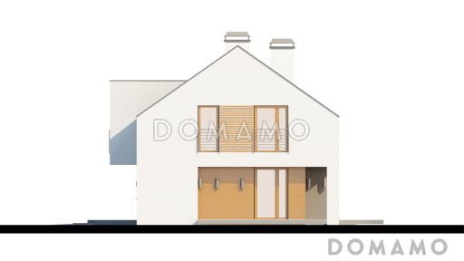 Проект одноэтажного мансардного дома из кирпича с прямоугольным выступом на втором уровне / Фасад 1