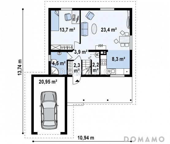 Проект компактного одноэтажного мансардного дома из кирпича с тремя спальнями, фронтальной террасой и гаражом / План 1 этажа