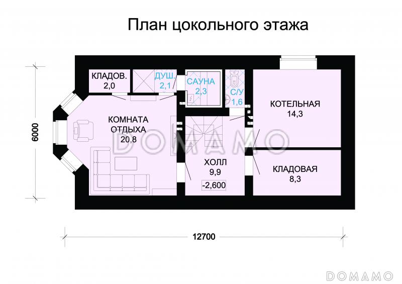 Проект гармоничного, кирпичного дома с эркером, сауной и коричневой крышей / План цокольного этажа