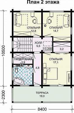 Проект двухэтажного дома из бруса с тремя спальнями / План 2 этажа
