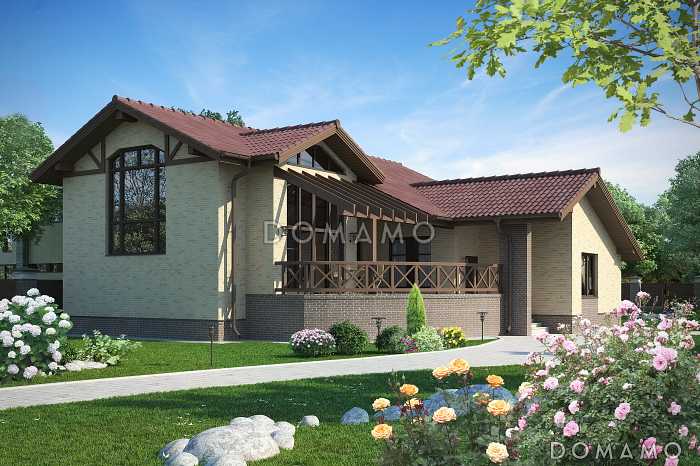 Одноэтажный дом с мансардным этажом со спальней, полукруглой террасой, большим бассейном