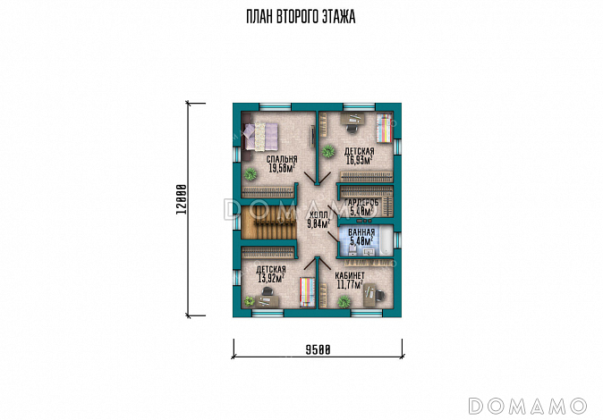 Проект двухэтажного дома с 4 спальнями, кабинетом, просторной кухней-гостиной и длинной крытой террасой / План 2 этажа