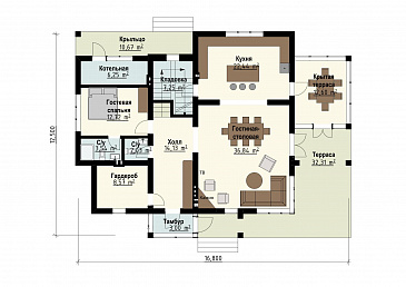 Проект дома для семьи от четырех человек с террасами, просторной кухней-столовой, хозяйской спальней на втором этаже / План 1 этажа