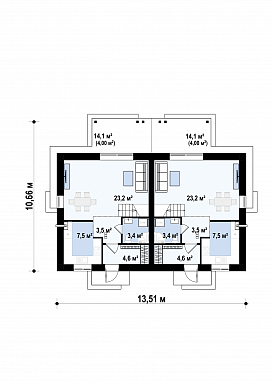 Проект двухсемейного дома из газобетона с тремя спальнями на мансарде / План 1 этажа