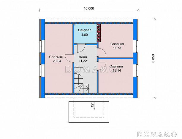 Проект загородного дома с небольшой верандой, спальней на первом этаже, совмещенной кухней-столовой / План мансардного этажа