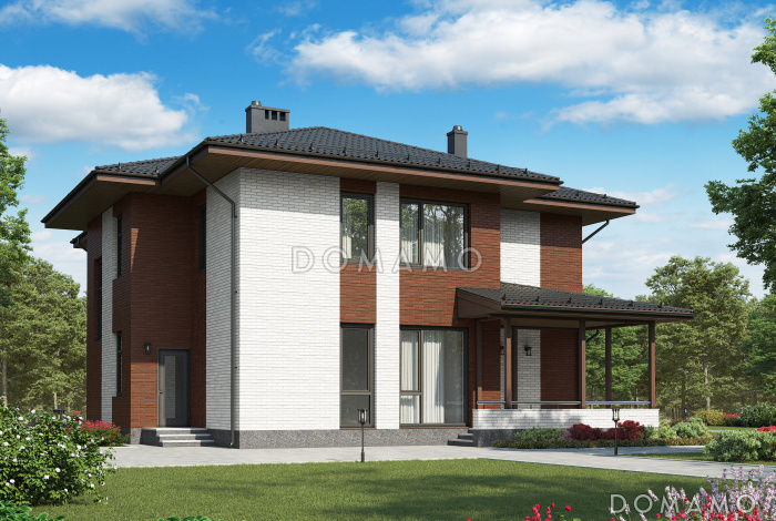 Проект двухэтажного дома из газобетона с крытой террасой, просторной гостиной с камином