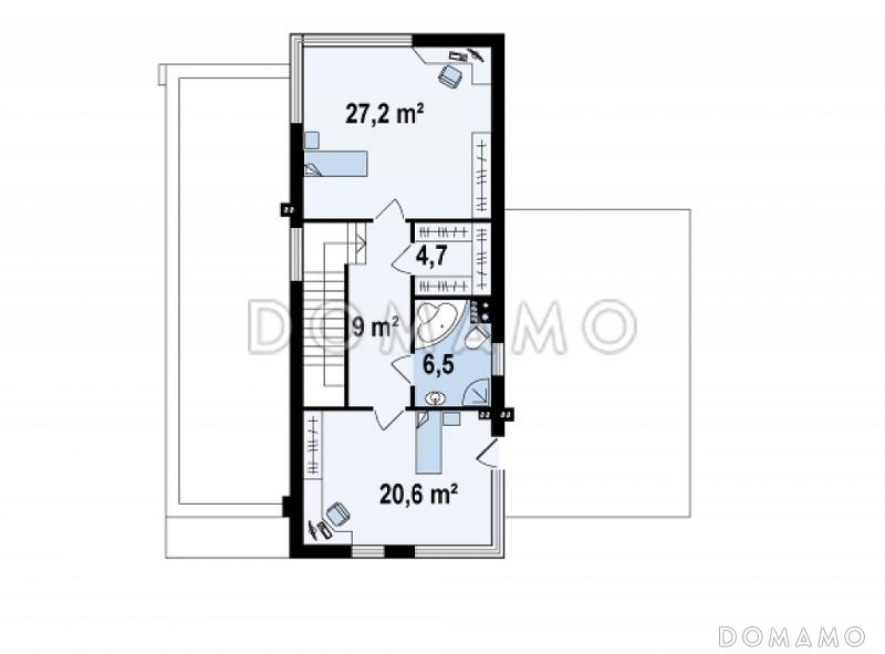 Проект современного двухэтажного дома из газобетона в стиле модерн, с террасой на втором уровне, с гаражом / План 2 этажа