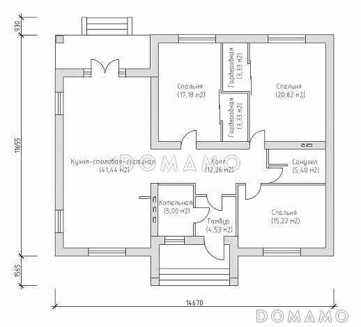 Проект компактного одноэтажного дома с тремя спальнями и большой гостиной по технологии ЛСТК / План 1 этажа