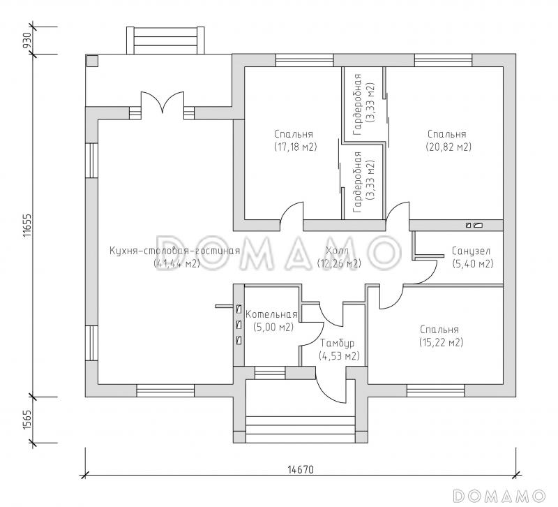 Проект компактного одноэтажного дома с тремя спальнями и большой гостиной по технологии ЛСТК / План 1 этажа